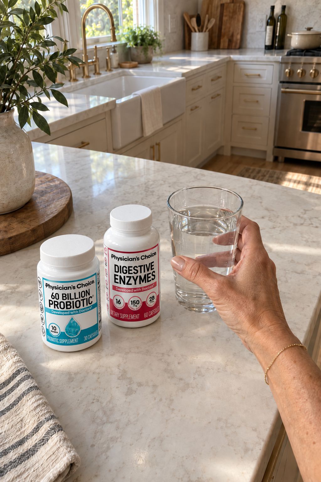 Cynthia taking her morning capsule with water