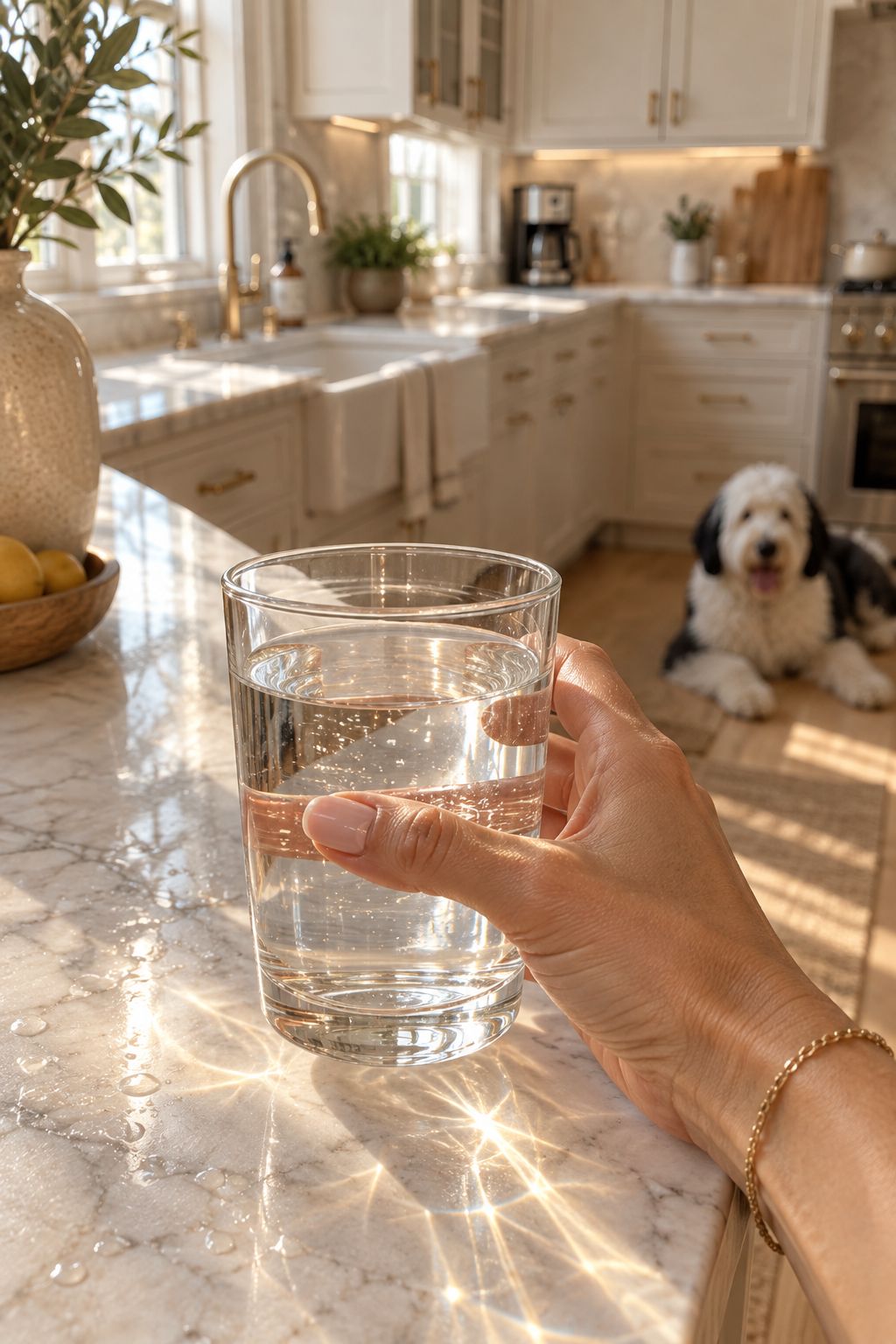 A glass of water in the morning kitchen